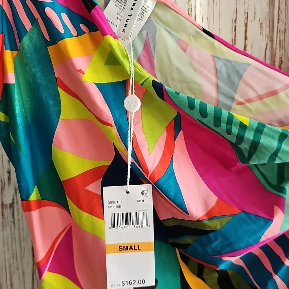 NWT Trina Turk One-Shoulder Leaf Print Dress in Pink, Green, Blue - SIZE SMALL - Picture 2 of 4